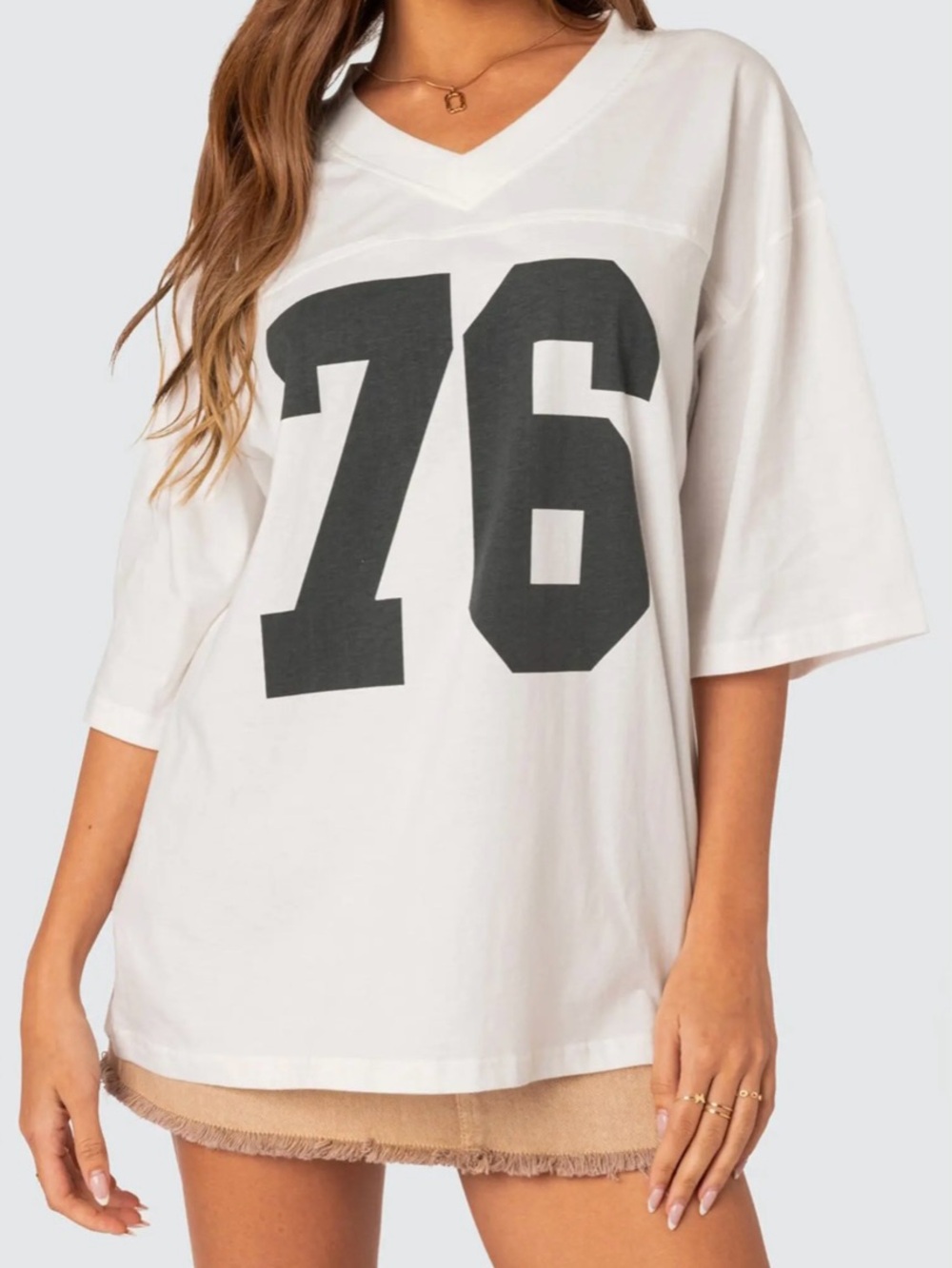 Edikted White V-Neck Jersey Tee with Black '76' Graphic